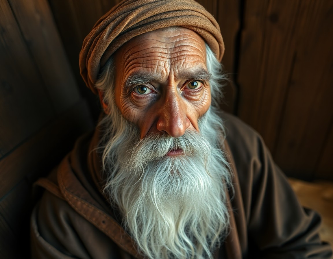 AI generated art for prompt: Craft a hyperrealistic portrait capturing an enigmatic North African elder with deep-set eyes and a 