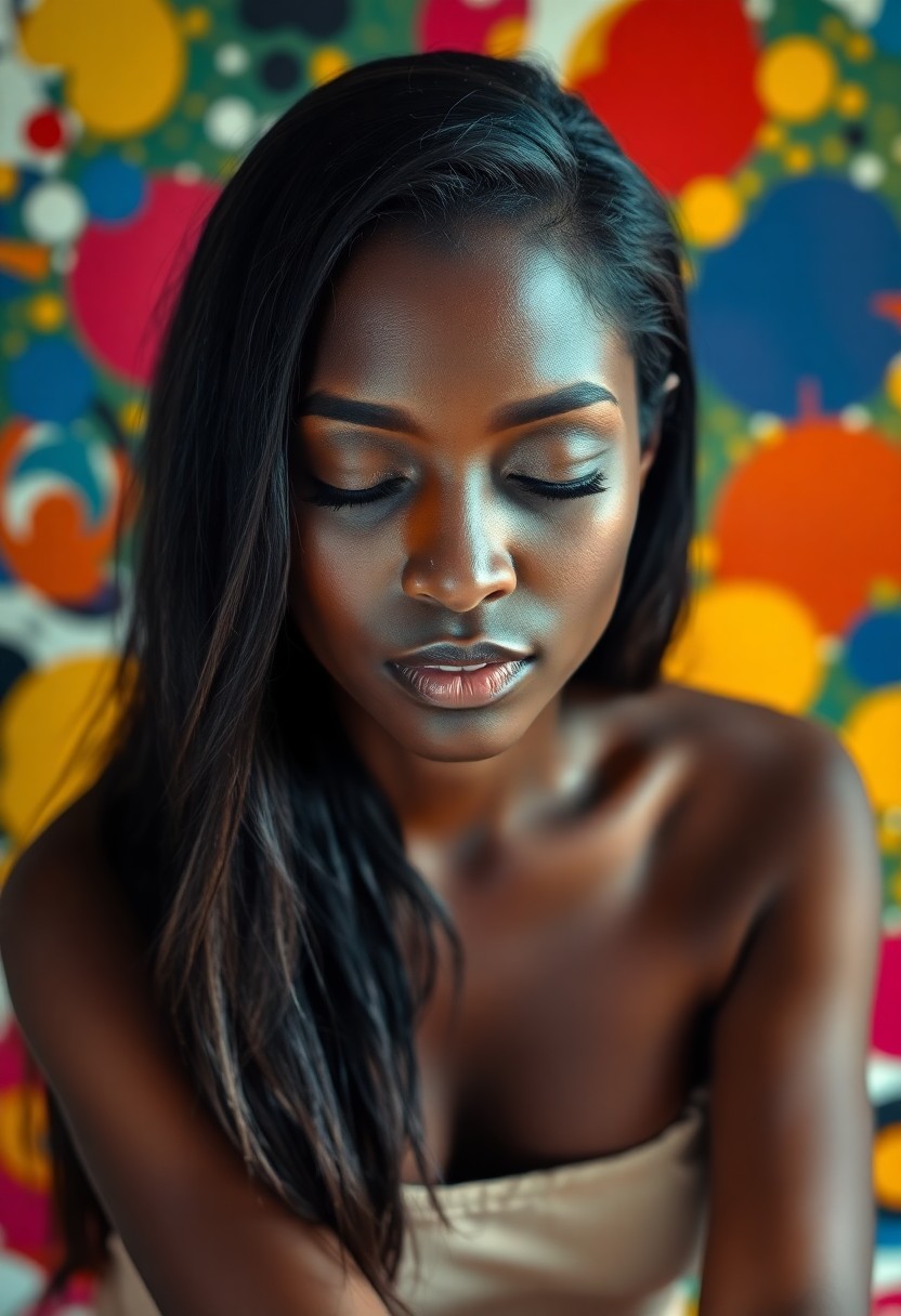 AI generated art for prompt: A hyperrealistic portrait showcases a 35-year-old Caribbean woman with olive skin and sleek, jet-bla