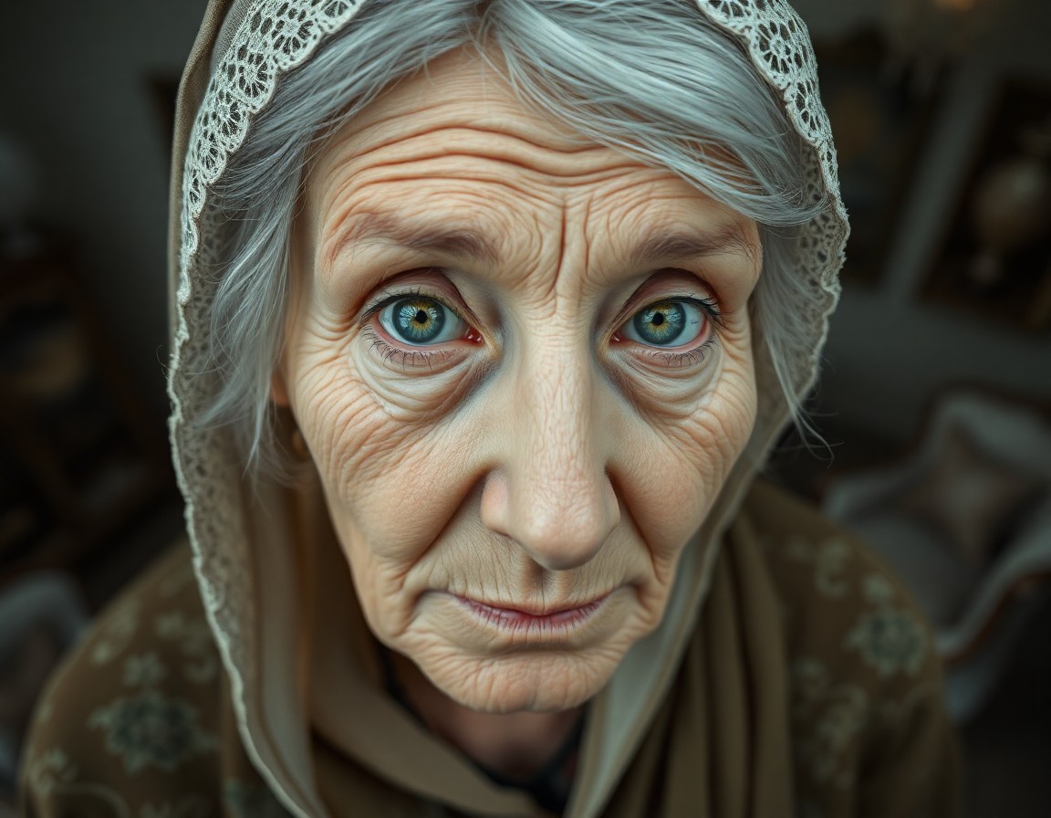 AI generated art for prompt: Craft a hyperrealist painting portraying an intimate close-up of an elderly Central Asian woman's we