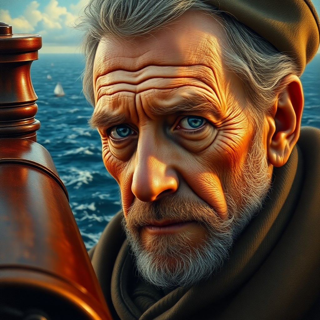 AI generated art for prompt: Imagine a seasoned sea captain with weathered skin and soft blue eyes, an homage to Dutch Golden Age