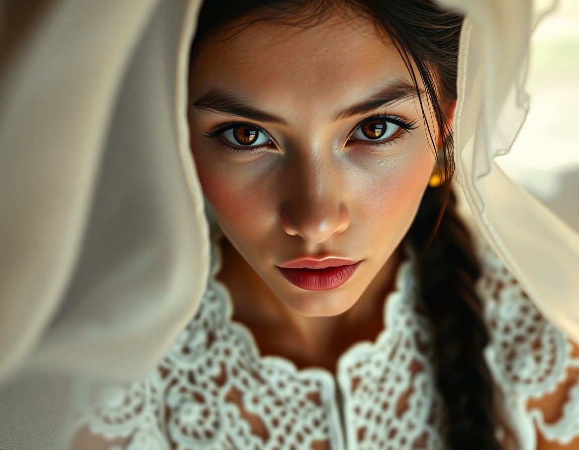 AI generated art for prompt: Craft a hyper-realistic portrait of an enigmatic Andean woman with captivating amber eyes and flawle