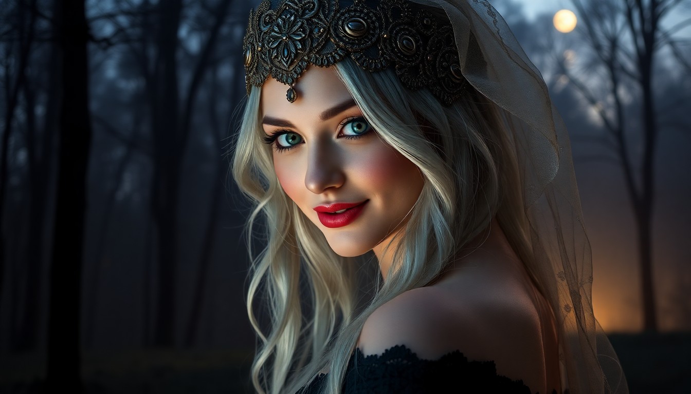 AI generated art for prompt: As twilight descends, a captivating enchantress with shimmering silver hair and emerald eyes stands 