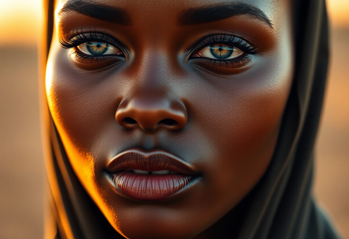 AI generated art for prompt: Craft a cinematic photorealistic portrait capturing the enigmatic allure of a Sub-Saharan African wo