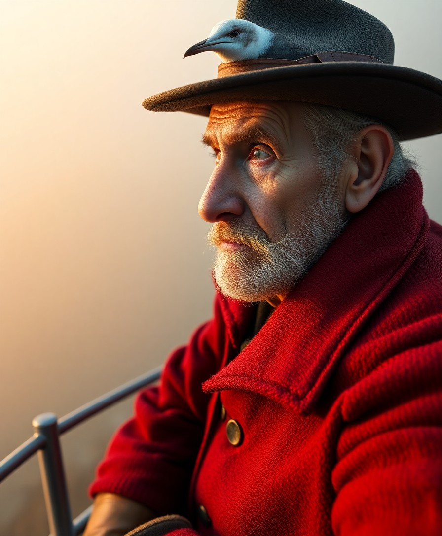 AI generated art for prompt: Craft a photorealistic portrait of an aged lighthouse keeper from an unconventional viewpoint, showc