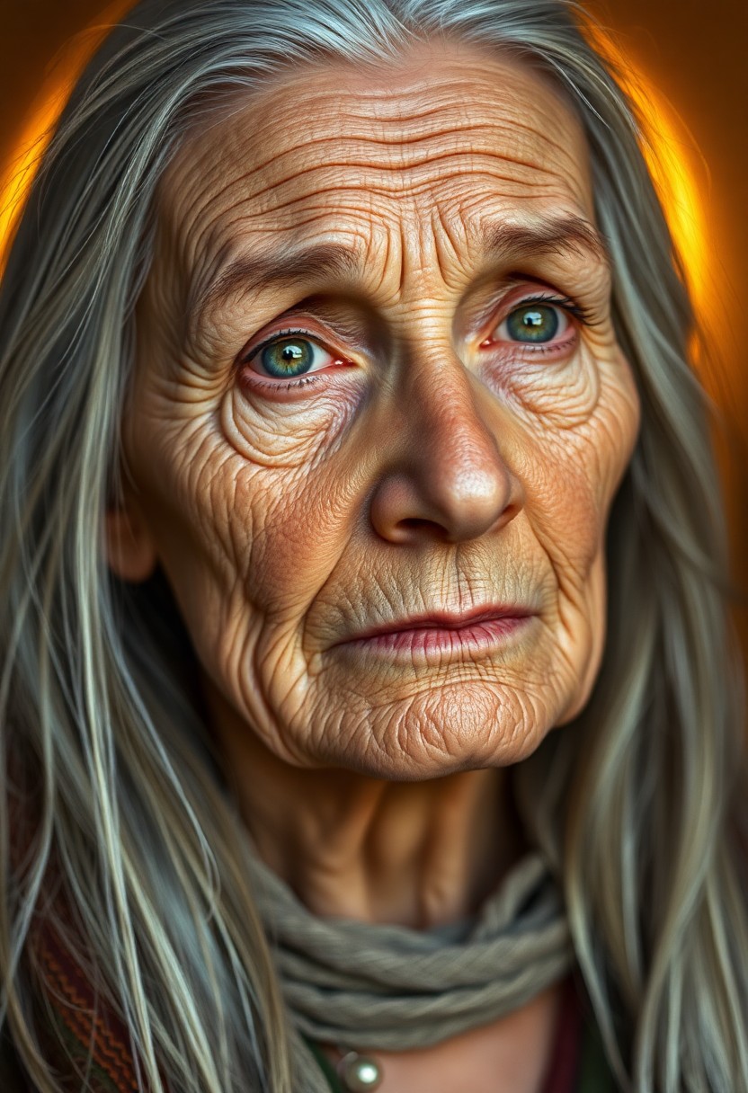 AI generated art for prompt: Create a photorealistic close-up portrait of an elderly Mediterranean woman with distinctive wrinkle