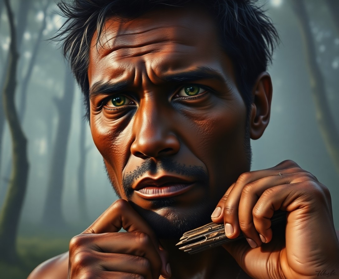 AI generated art for prompt: A captivating portrait rendered with classical oil painting techniques depicts an Aboriginal man gaz