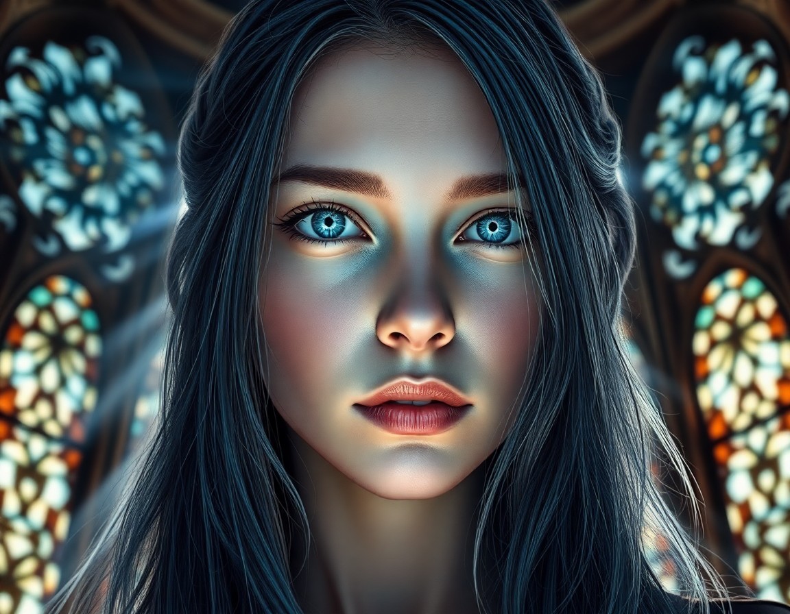 AI generated art for prompt: A superrealistic portrait, breathtaking in its detail, captures an ethereal female mystic's enigmati