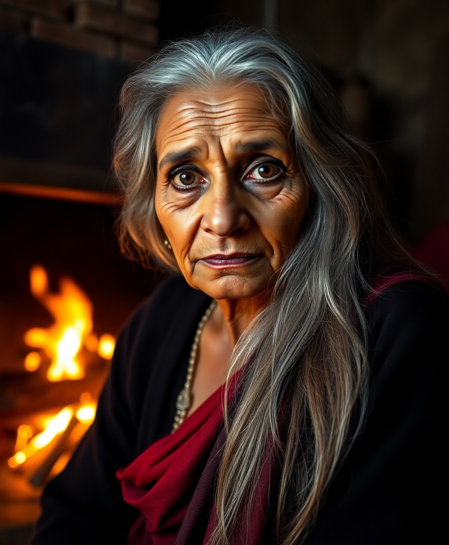 AI generated art for prompt: Imagine a portrait photograph of an elderly South Asian woman, her captivating presence illuminated 