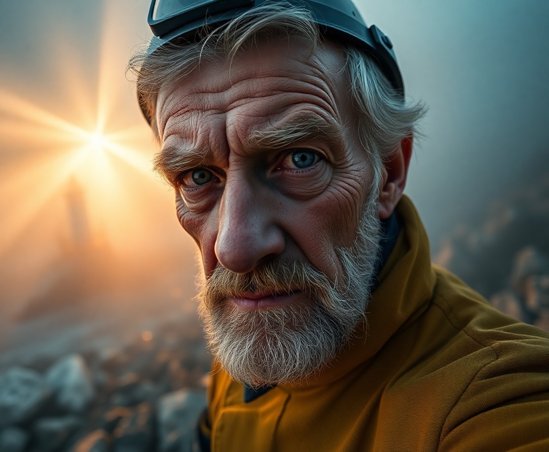 AI generated art for prompt: A photorealistic portrait captures an aged lighthouse keeper, his visage weathered by years of battl