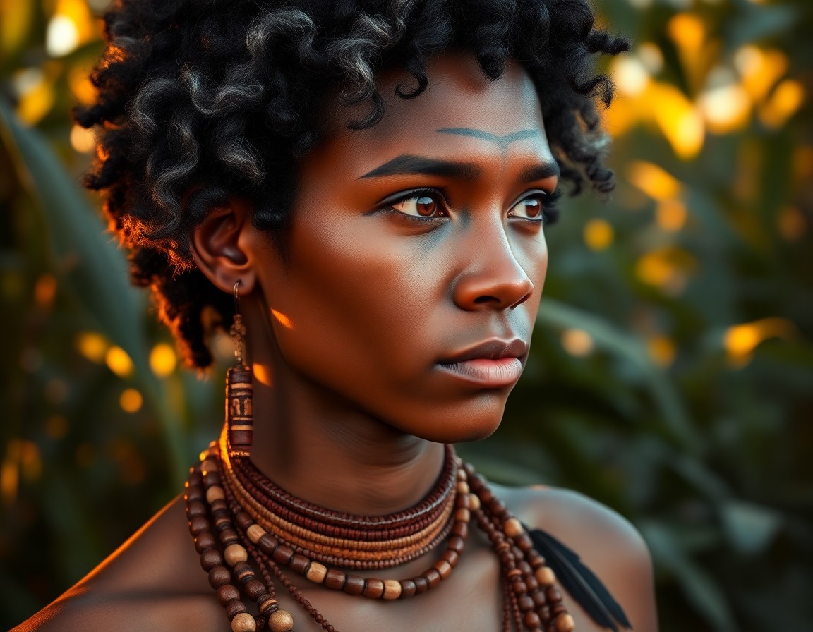 AI generated art for prompt: Depict a captivating portrait of a mysterious shaman with deep brown eyes and short, curly black hai