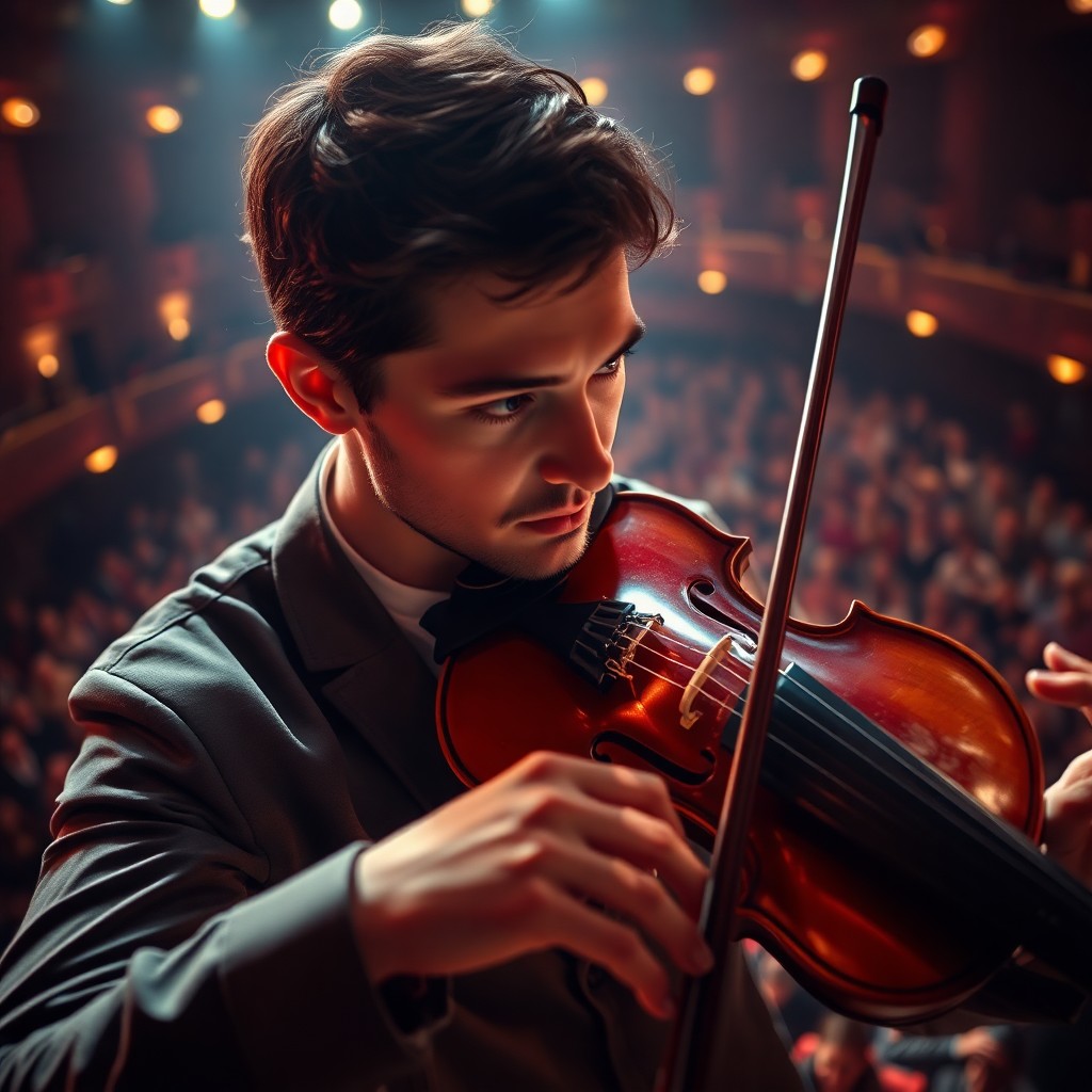 AI generated art for prompt: Craft a photorealistic portrait of an accomplished violinist immersed in the vibrant atmosphere of a