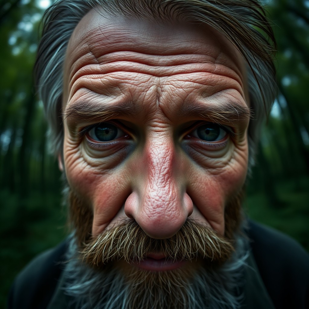 AI generated art for prompt: A photorealistic portrait of a middle-aged Slavic man with weathered skin, deep-set eyes, and a rugg