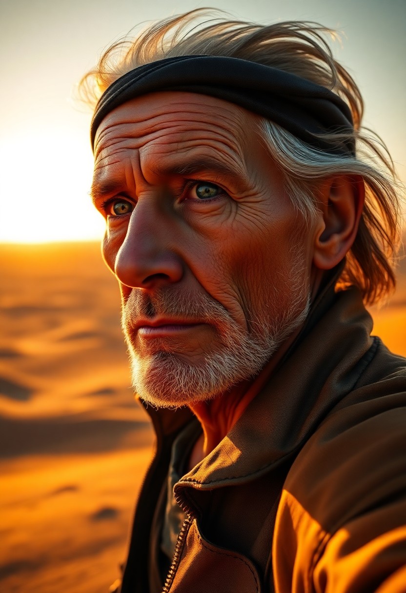 AI generated art for prompt: A photorealistic portrait photograph showcases an elderly adventurer with rugged features and kind b