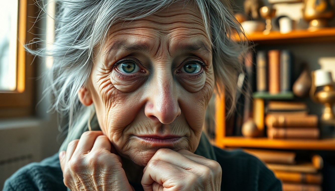 AI generated art for prompt: A close-up portrait of an elderly Slavic woman reveals a windblown face with wispy gray hair and pie