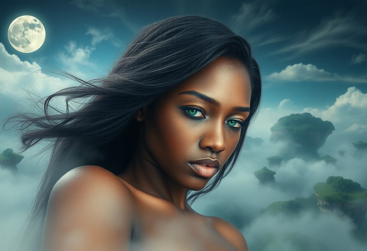 AI generated art for prompt: A photorealistic portrait of an enigmatic Sub-Saharan African woman with clouded green eyes, capture