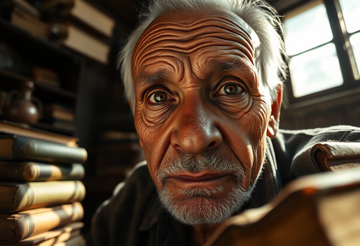 AI generated art for prompt: A close-up portrait of an elderly Aboriginal man with deeply etched wrinkles and warm brown eyes exu