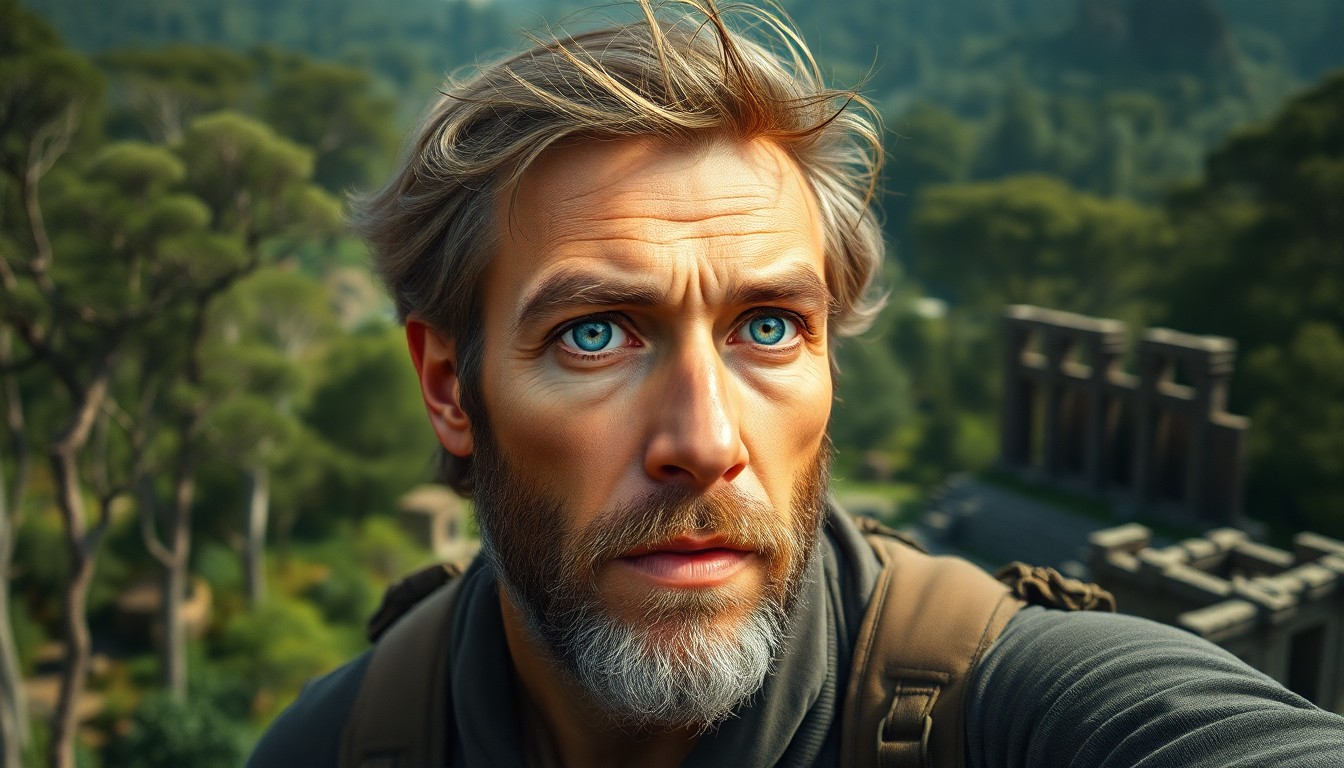 AI generated art for prompt: Craft a hyper-realistic portrait showcasing an experienced adventurer with rugged features, sun-kiss