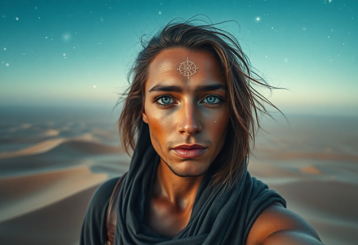 AI generated art for prompt: A photorealistic portrait of an enigmatic traveler with deep oceanic eyes and sun-kissed skin unfold