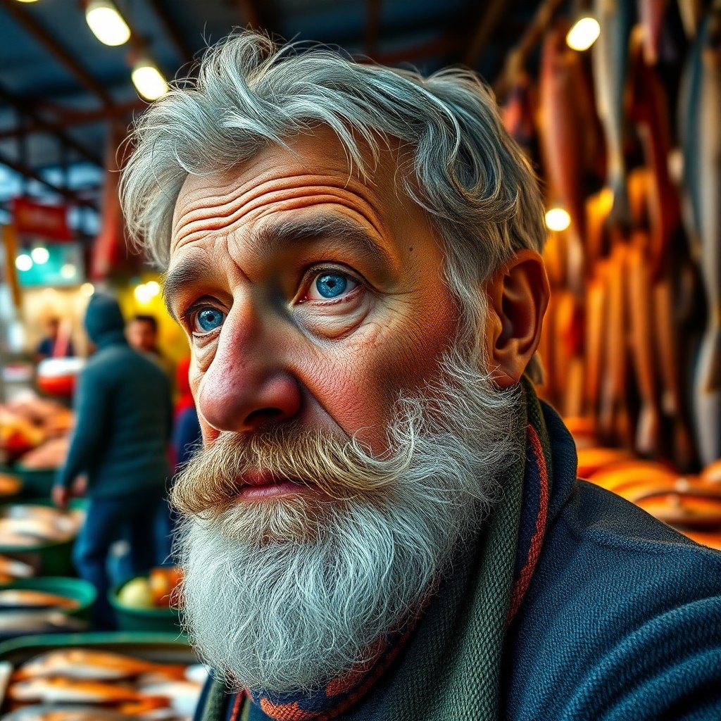 AI generated art for prompt: Craft a photorealistic portrait of an aged fisherman with salt-and-pepper hair and a grizzled beard,