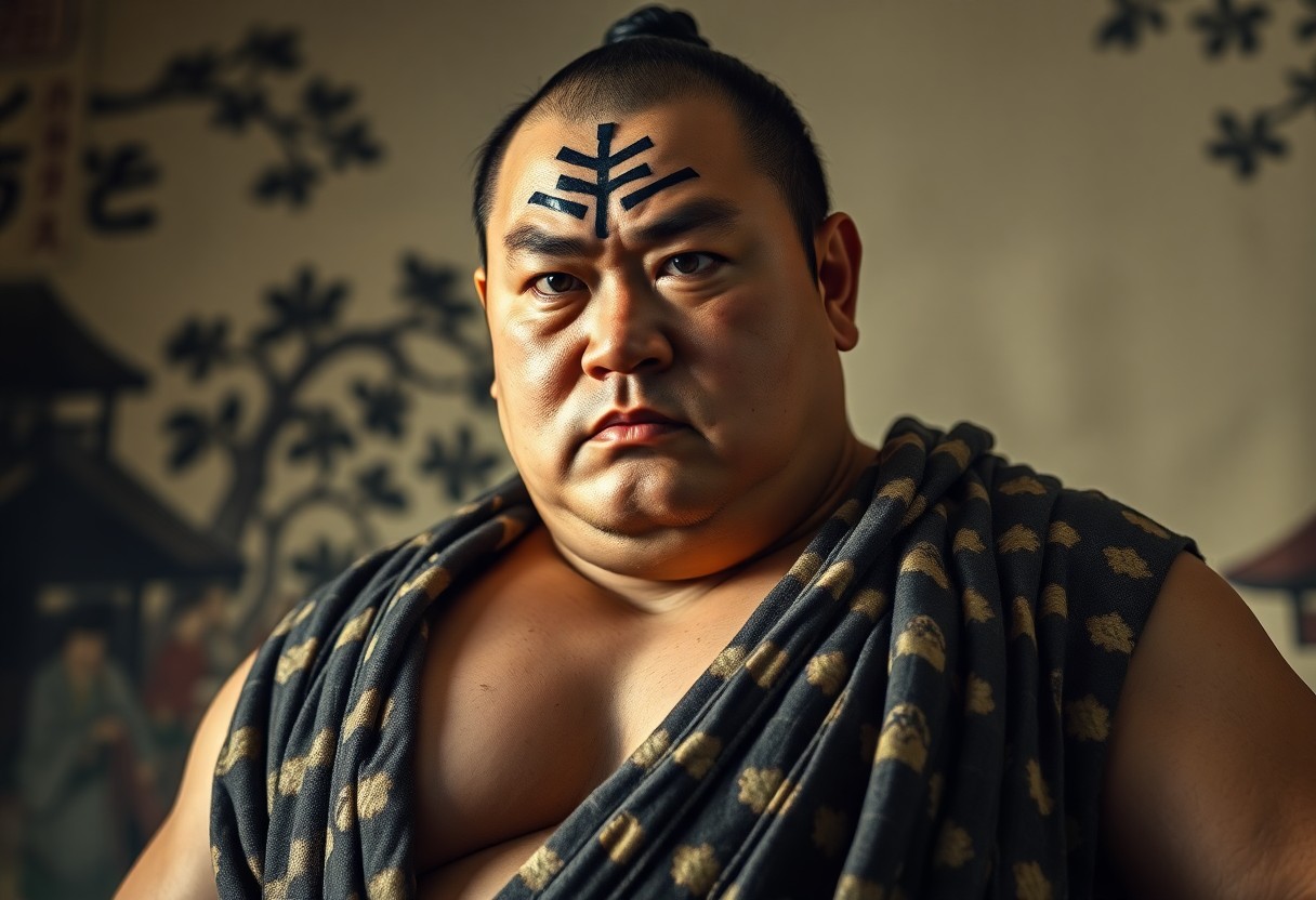 AI generated art for prompt: A photorealistic portrait depicts a Japanese Sumo wrestler donning his ceremonial attire, standing a