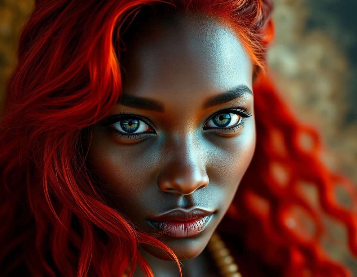 AI generated art for prompt: Craft a close-up portrait of a captivating Melanesian woman with empathetic green eyes and flowing d