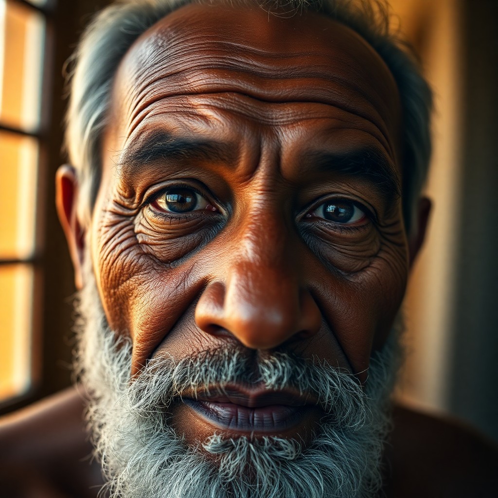 AI generated art for prompt: A photorealistic portrait photograph captures an elderly Melanesian man with warm brown eyes and dis