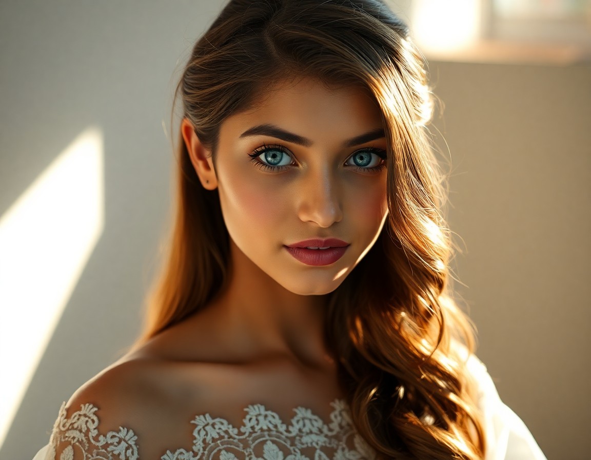 AI generated art for prompt: A portrait photograph showcases a young South Asian woman with kind blue eyes, full lips, and cascad