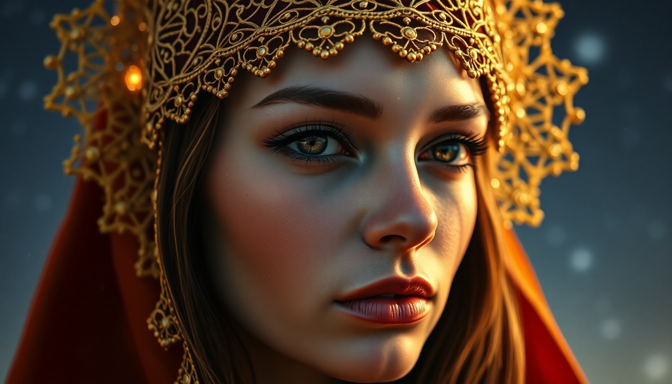 AI generated art for prompt: A photorealistic portrait depicts a captivating Caucasian woman adorned with an intricate golden fil