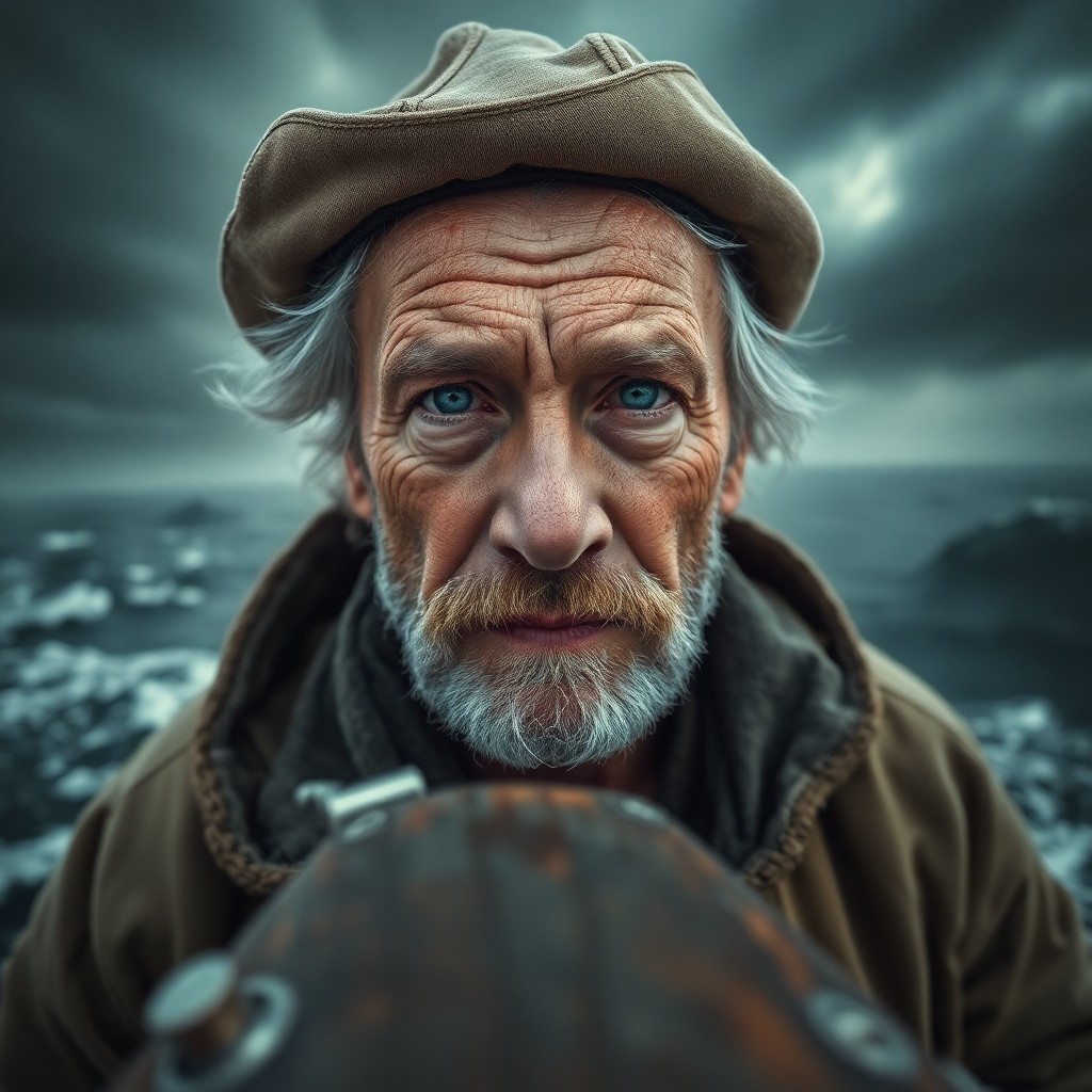 AI generated art for prompt: A captivating portrait of a seasoned fisherman with gentle blue eyes and weathered skin showcases hi