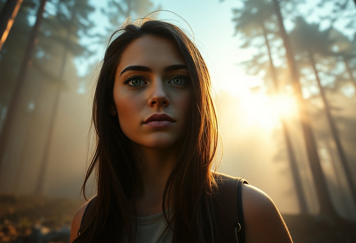 AI generated art for prompt: Envision a captivating portrait photograph of an enigmatic female explorer with piercing green eyes 