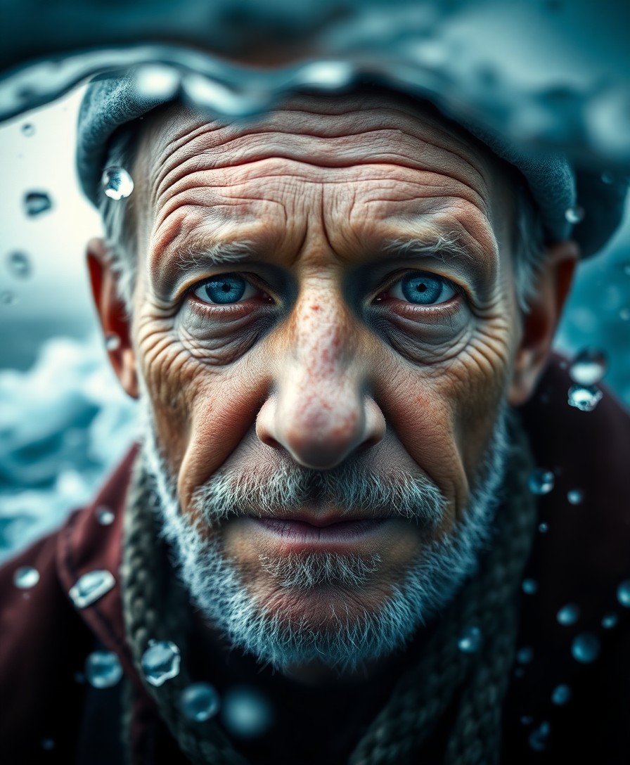 AI generated art for prompt: Craft a captivating portrait of an aged sailor with deep oceanic blue eyes amidst a stormy sea backd