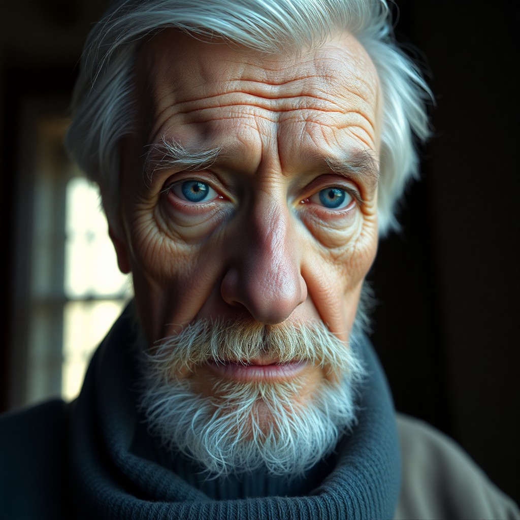 AI generated art for prompt: Craft a photorealistic digital painting showcasing an intimate portrait of an elderly Caucasian man 