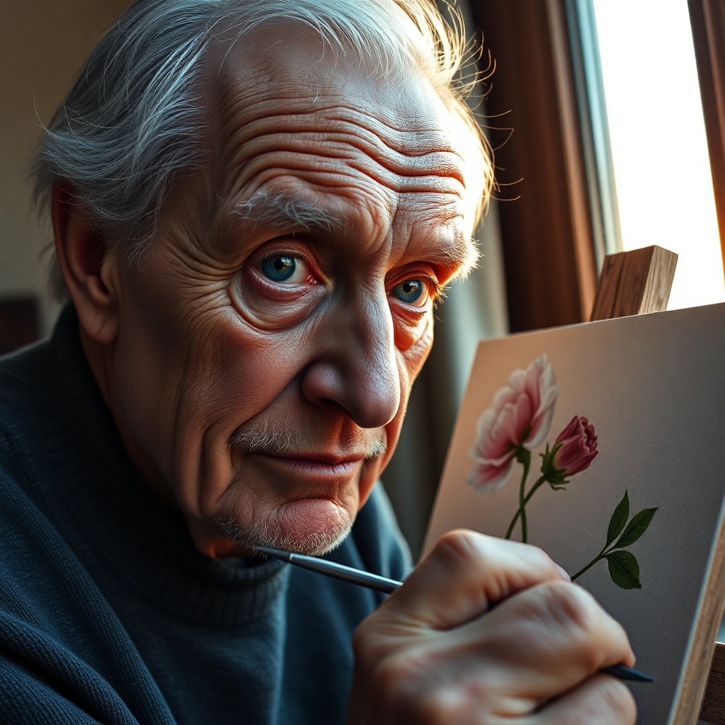 AI generated art for prompt: A photorealistic portrait photograph captures an elderly artist's essence during their twilight year