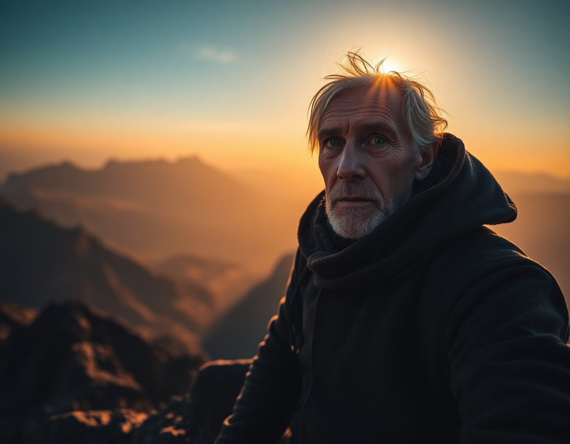 AI generated art for prompt: A captivating portrait photograph showcasing an aged traveler with rugged features and melancholic b