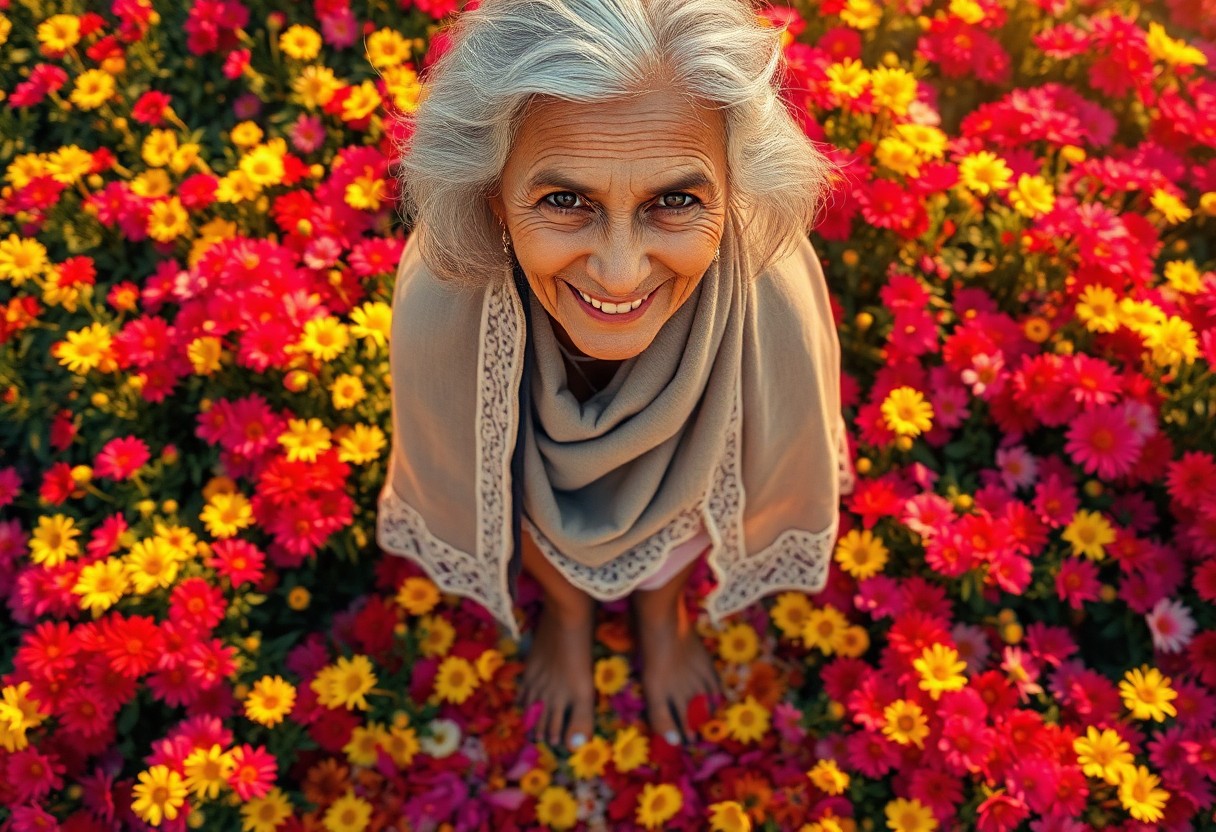 AI generated art for prompt: Amidst a vibrant field of flowers bathed in warm sunlight, an elderly South Asian woman with silver 