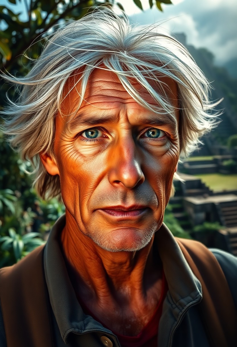 AI generated art for prompt: A photorealistic portrait depicts an experienced archaeologist with gentle blue eyes and windswept s