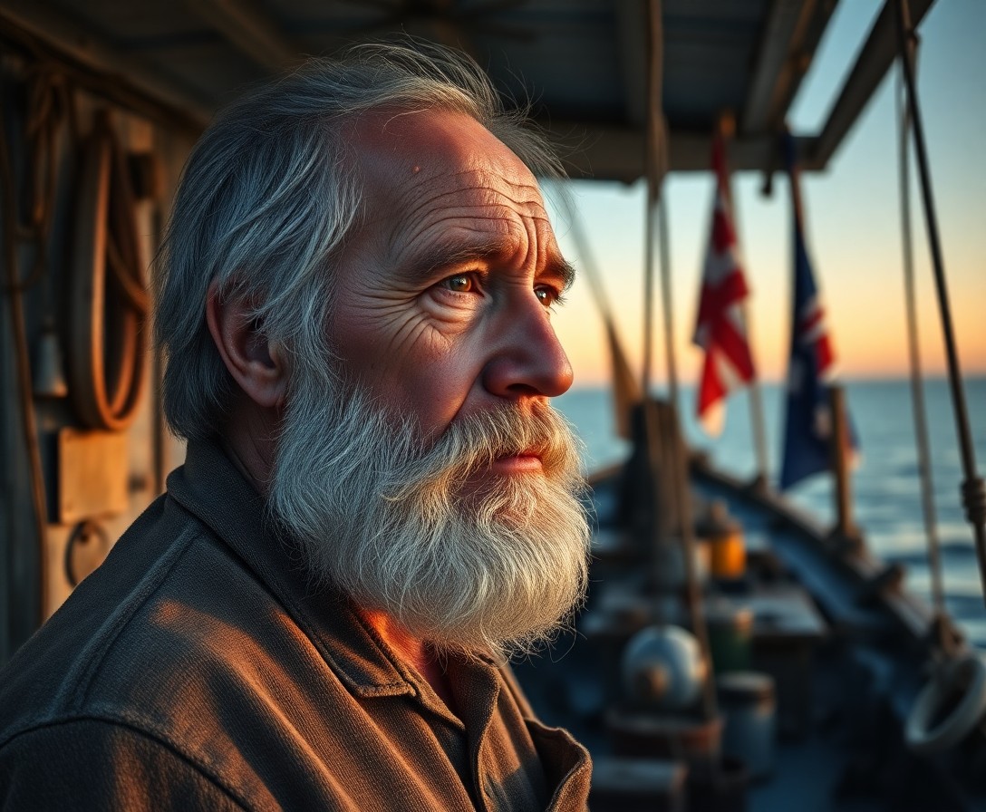 AI generated art for prompt: Create a photorealistic portrait of an elderly fisherman with rugged features and salt-and-pepper be