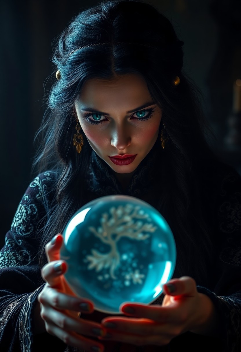 AI generated art for prompt: Craft a hyper-realistic digital portrait showcasing an enigmatic fortune teller with mesmerizing eme