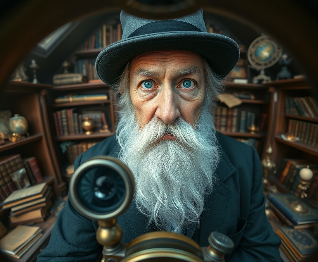 AI generated art for prompt: Envision an ultrarealistic portrait of a cryptic elderly magician with piercing blue eyes and a flow