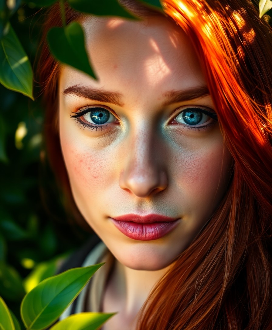 AI generated art for prompt: A captivating portrait photograph features an enigmatic traveler with docile blue eyes and vibrant r