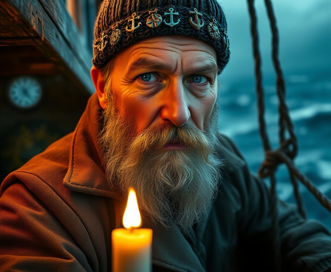 AI generated art for prompt: Envision an ultrarealistic portrait of a weathered sea captain with kind blue eyes and a graying bea