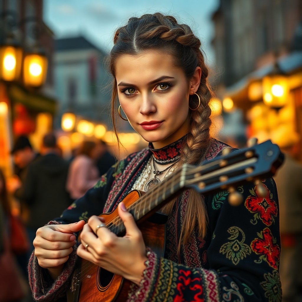 AI generated art for prompt: Craft a photorealistic portrait of a Russian street musician with amber eyes and a thick braid, dres