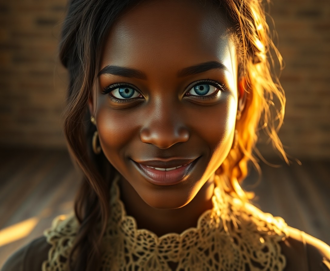 AI generated art for prompt: A hyper-realistic portrait depicts an enigmatic African woman with tender blue eyes and a deep, capt