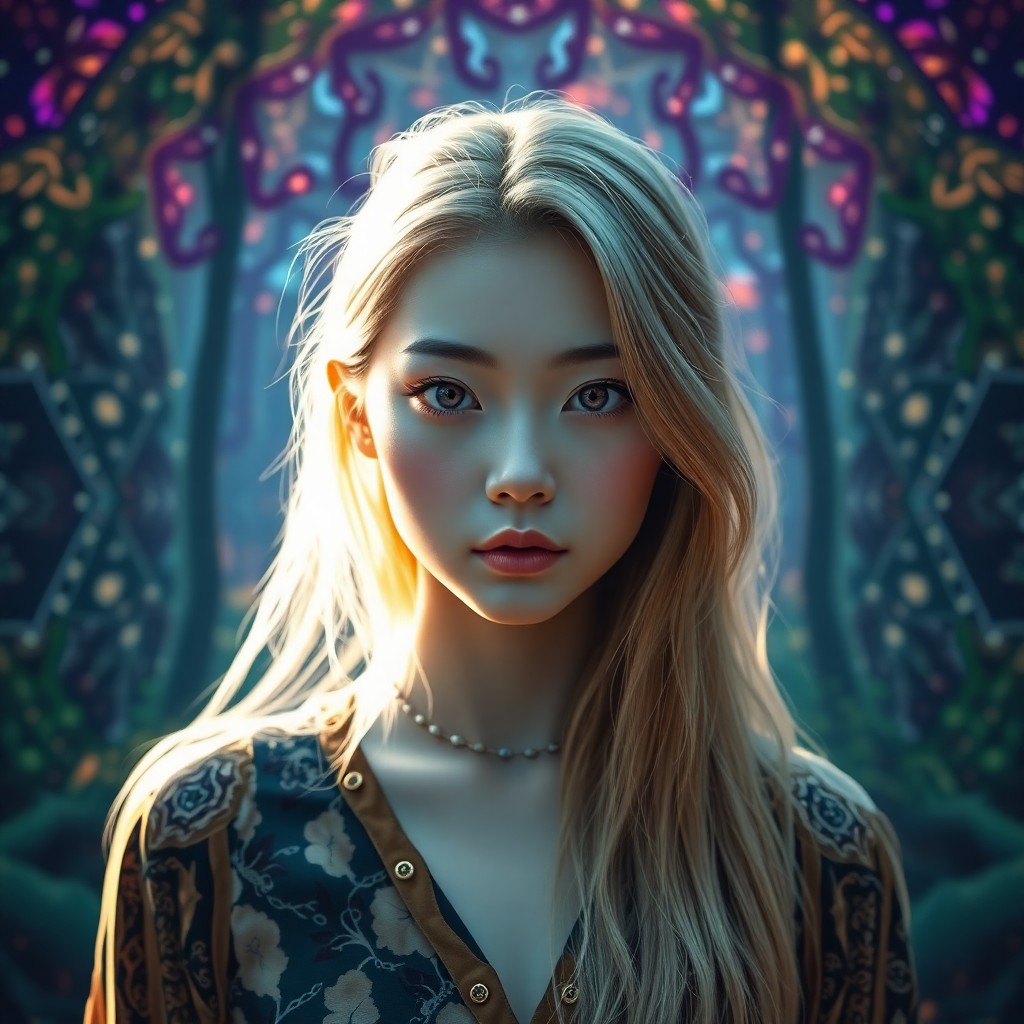 AI generated art for prompt: A portrait photograph showcases a young East Asian woman with porcelain-like skin and captivating vi