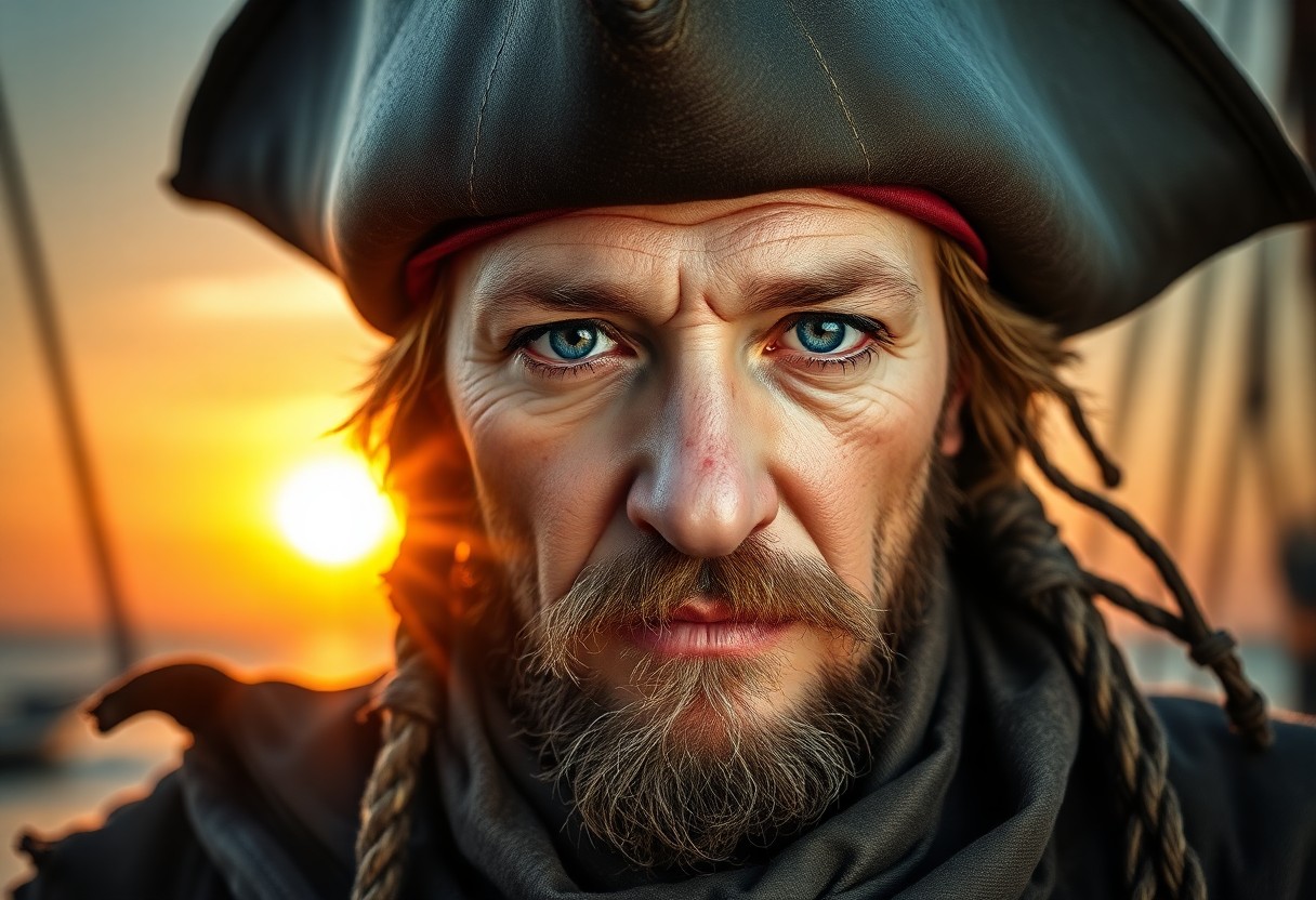 AI generated art for prompt: Craft a photorealistic portrait of an oil painting-style pirate admiral with rugged features and gen