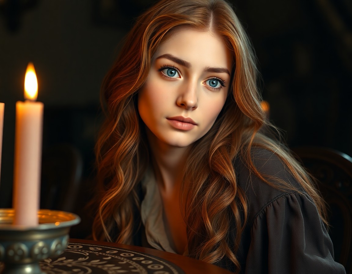 AI generated art for prompt: Create a photorealistic portrait of a young Western European woman with warm, blue eyes and long, wa