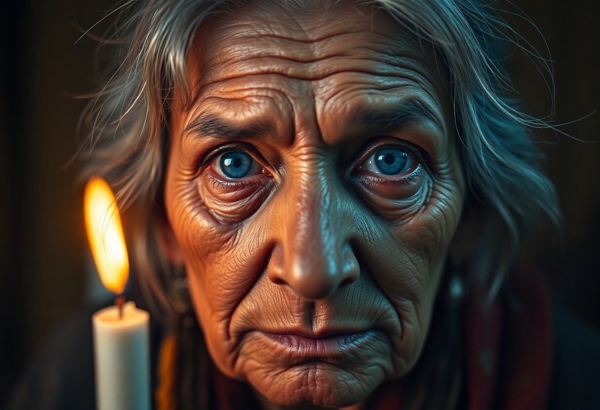 AI generated art for prompt: Craft a photorealistic portrait of an enigmatic elderly Native American woman with piercing blue eye