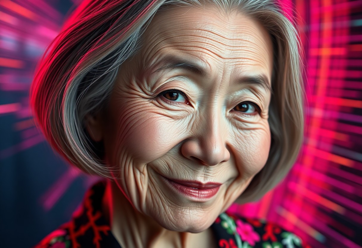 AI generated art for prompt: Conceive a hyper-realistic portrait of an aged Japanese Celtic woman with deep wrinkles adorning her