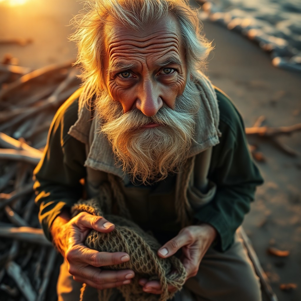 AI generated art for prompt: Capture a hyperrealistic portrait of an aged fisherman, his sun-weathered skin and rugged beard bely