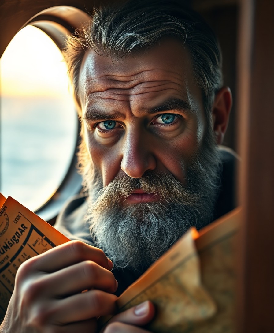 AI generated art for prompt: A portrait photograph captures the intense gaze of a retro sailor. He has compassionate blue eyes an